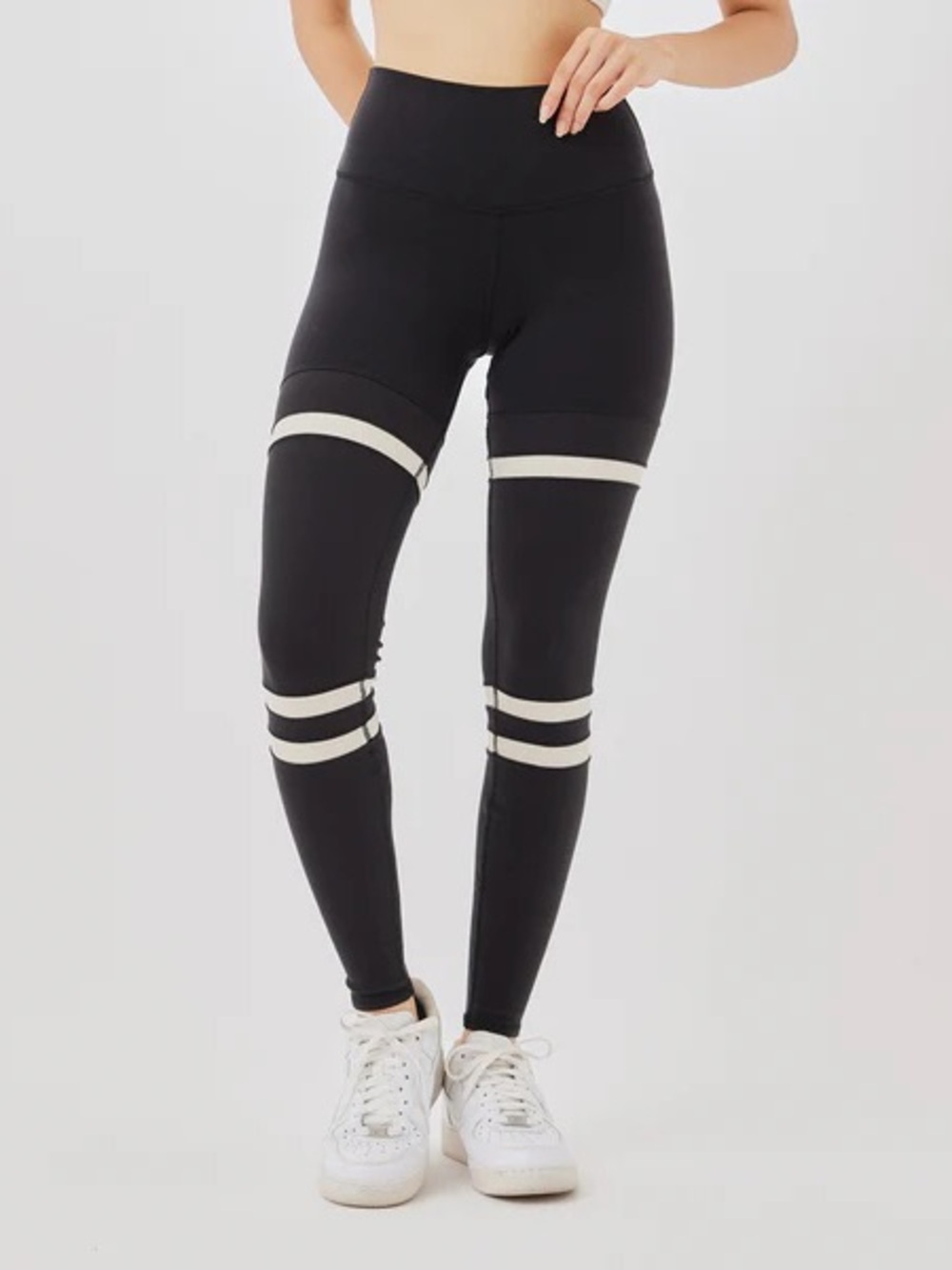 ALO Yoga Black Leggings with Cream Stripes